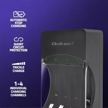 Cargador de baterías QOLTEC 50653 para baterías Ni-MH AAA (R03) y AA (R6), entrada 220–240 V, salida 1,2 V