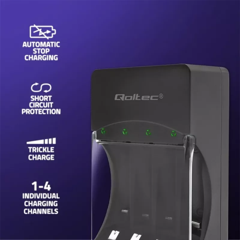 Cargador de baterías QOLTEC 50653 para baterías Ni-MH AAA (R03) y AA (R6), entrada 220–240 V, salida 1,2 V