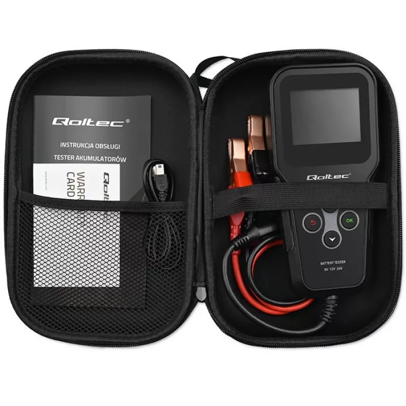 Qoltec 52489 Analizador y comprobador digital de baterías 3-en-1 con LCD y multilingüe 6V | 12V | 24V | 30Ah-200Ah