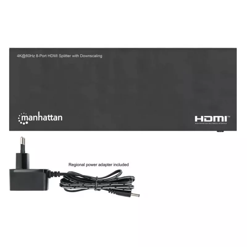 Splitter HDMI Manhattan 4K@60Hz 8 puertos con downscaling, distribuye una señal de entrada HDMI a ocho salidas HDMI (1x8), 18G, conmutador EDID para downscaling, Negro