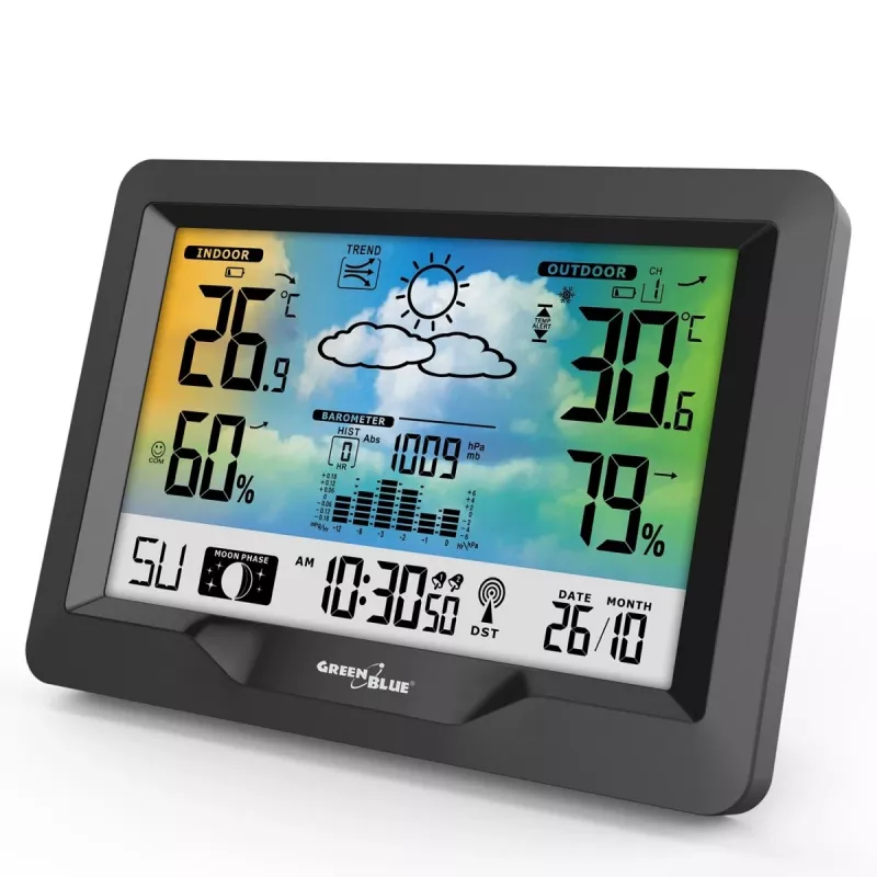 Higrómetro termómetro GreenBlue GB540 — interior 0–50°C / exterior -20–65°C, reloj DCF, sensor exterior 60 m, negro