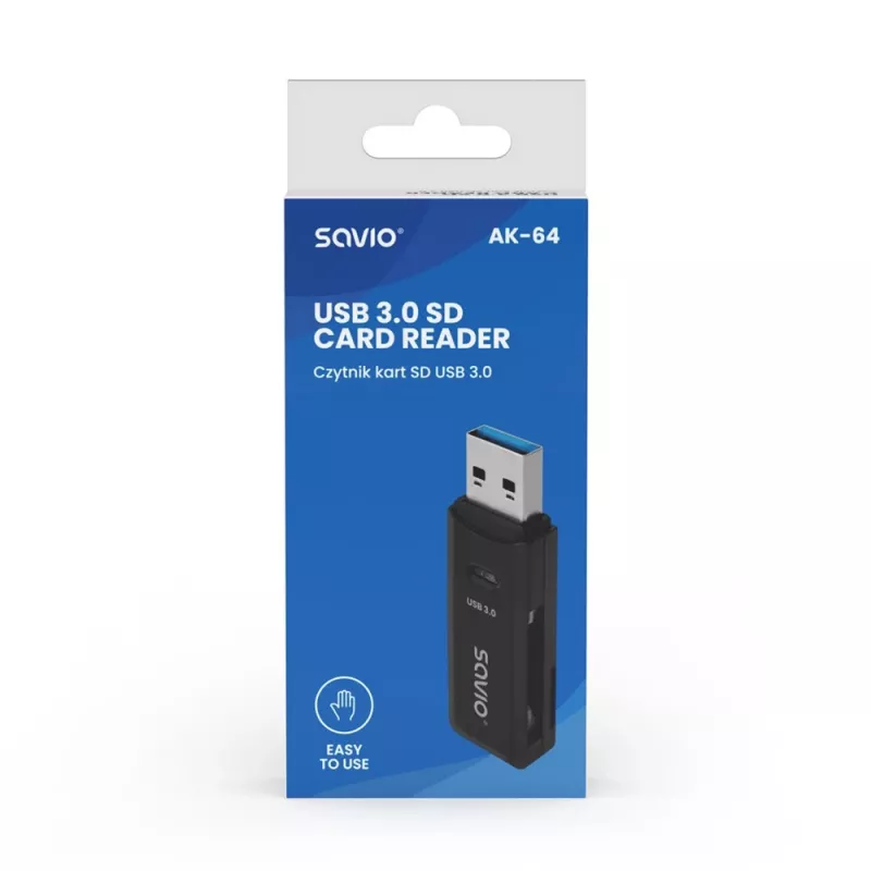 Lector de tarjetas SAVIO AK-64 salida USB 3.2 Gen 1 Type-A, ranura microSD, 5000 Mbit/s, negro