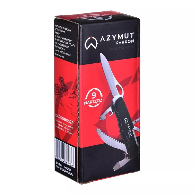 Navaja AZYMUT HK20018 — multiusos de tamaño completo, 9 funciones, acero inoxidable 420J2/3CR13, cerrada 11 cm, 146 g, funda de cuero, llavero