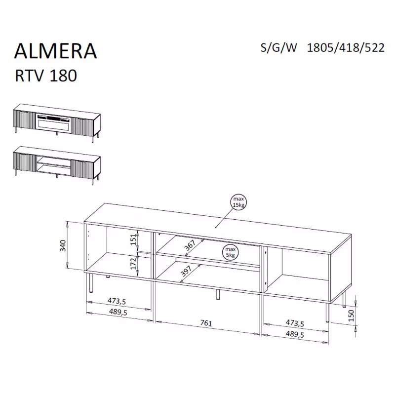 Mueble TV Cama Meble ALMERA 180,5×42×52,5 cm nogal/cashmere con chimenea negra