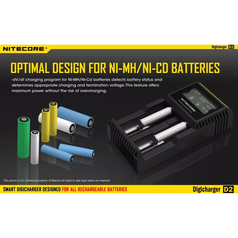 Cargador de baterías Nitecore D2 — cargador de 2 compartimentos para pilas AA/AAA/AAAA/C, tensión de entrada 100–240V, tensión de salida 4,2V, negro