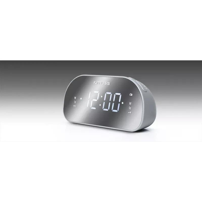 Radio reloj Muse M-170CMR — radio reloj digital, pantalla LED de 1,2 pulgadas, FM, AC 230V, respaldo AAA, espejo/blanco