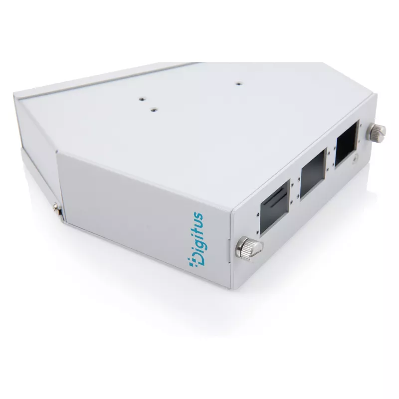 Distribuidor de empalmes de fibra óptica para carril DIN DIGITUS DN-96893 — en ángulo, 6 SC DX / LC Quad, aluminio, gris