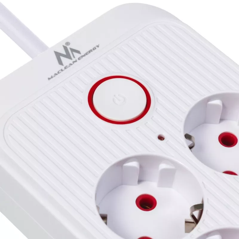 Regleta de enchufes MACLEAN MCE391 W — 6 tomas, 4×USB-A + 1×USB-C, cable de 3 m, 110–240 V, 2500 W, blanca