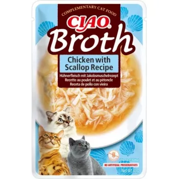 Snack húmedo para gatos INABA Ciao Broth pollo y vieira sobre de 40 g, sobre líquido cárnico, 88 % de humedad, 9,4 % de proteína