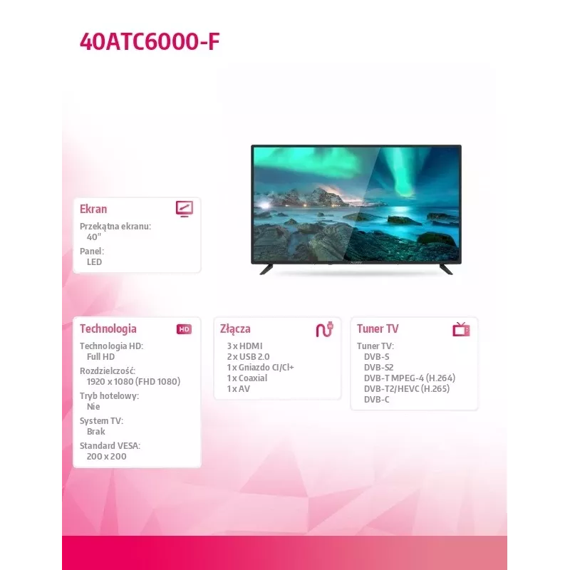 TV Allview 40ATC6000-F 40 inch (101 cm) Full HD Allview 40ATC6000-F 40 inch (101 cm) N/A FHD 1920 x 1080 DVB-C, DVB-T/T2, DVB-S/S2 negro