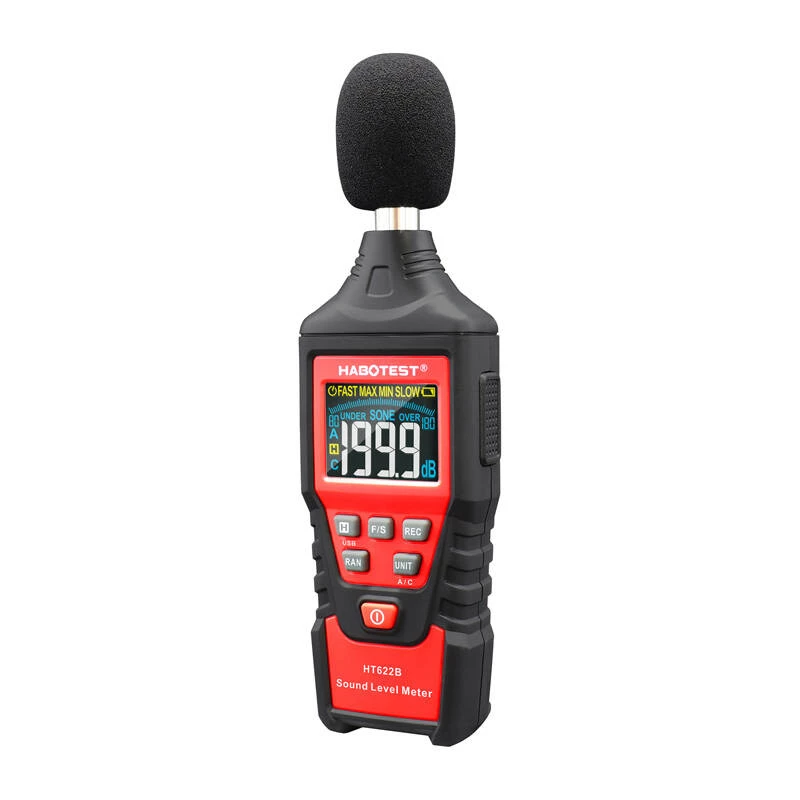 Medidor digital de decibelios Habotest HT622B — sonómetro con ponderación A/C, interfaz USB