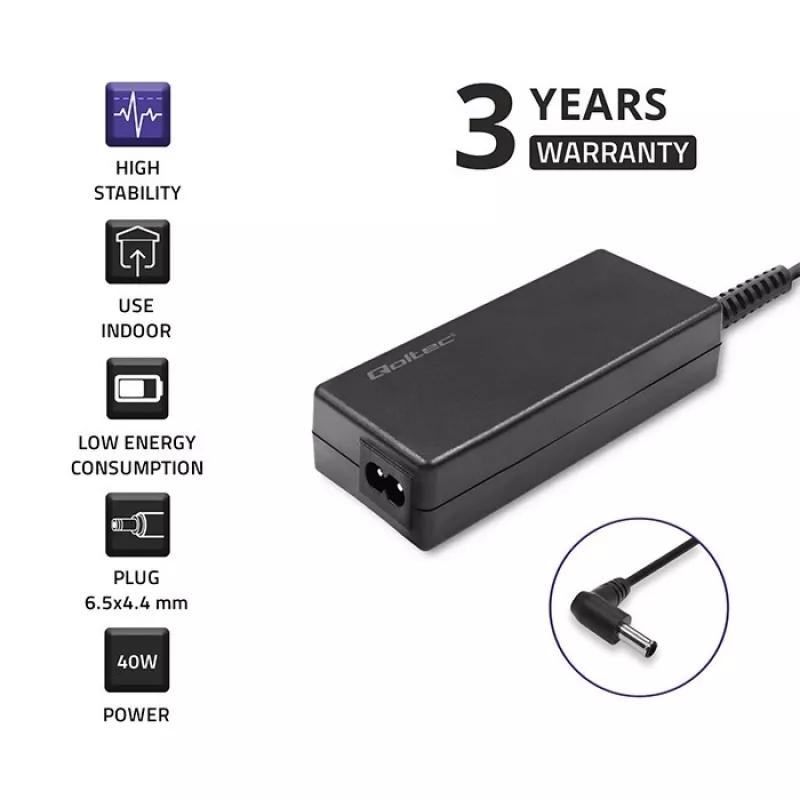 Qoltec 51775 adaptador de corriente CA para monitores LG, 40 W, 19 V 2,1 A, conector de 6,5x4,4 mm