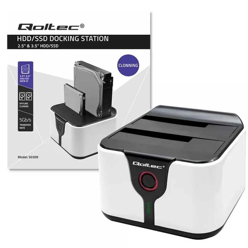 Qoltec 50309 base de acoplamiento HDD SSD 2.5 3.5 | SATA III | USB 3.0 | Super Speed 5 Gb/s | con función de clonación