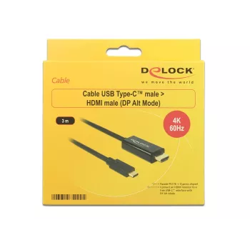 Adaptador de cable de vídeo DeLOCK 85292 USB Type-C a HDMI 3m Negro