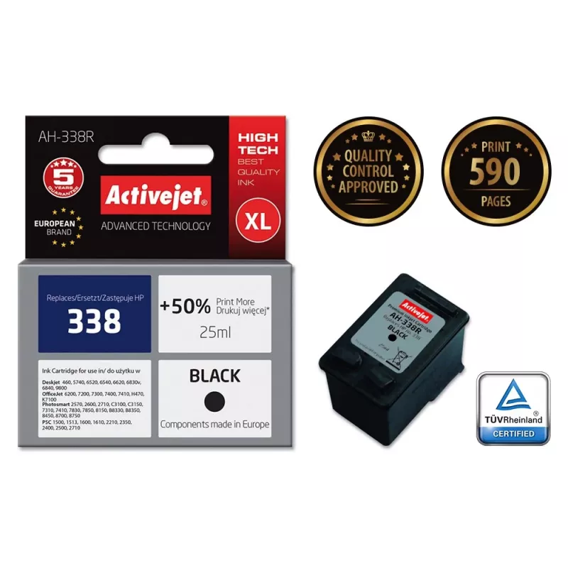 Cartucho de tinta compatible ActiveJet AH-338R para HP 338 C8765EE, negro pigmentado 25 ml, alto rendimiento (XL), pack individual