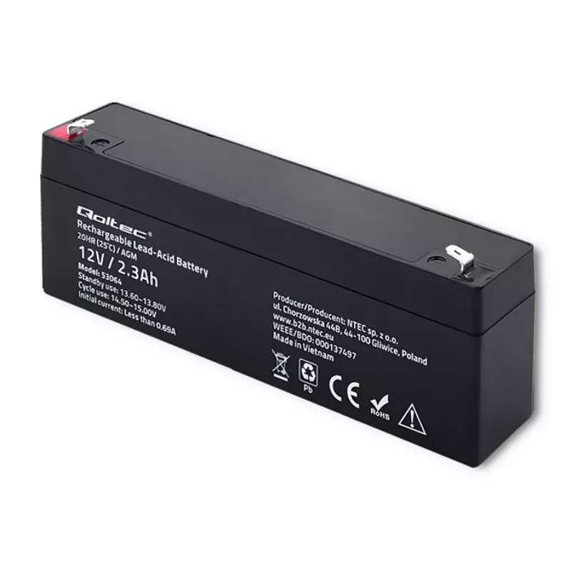 Batería AGM sellada QOLTEC 12V 2,3Ah para sistemas SAI y de respaldo, descarga máx. 34,5A
