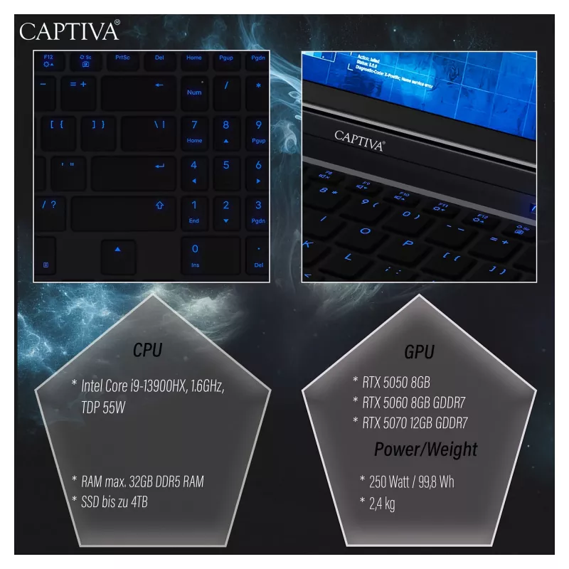Captiva Highend Gaming I99-480GE Portátil, 16 pulgadas WQXGA, Intel Core i9-14900HX, 32GB, 1TB SSD, RTX 5070 Ti, Windows 11 Home