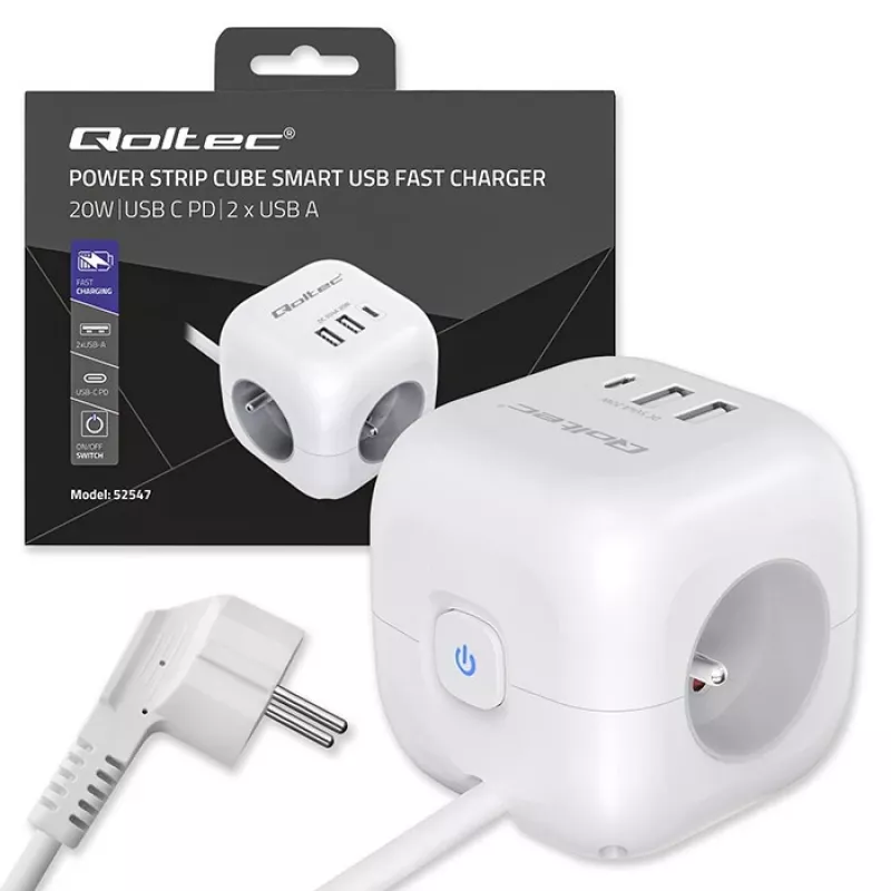 Regleta QOLTEC 52547 Power Cube 3 tomas AC, 2 USB-A, 1 USB-C PD 20W