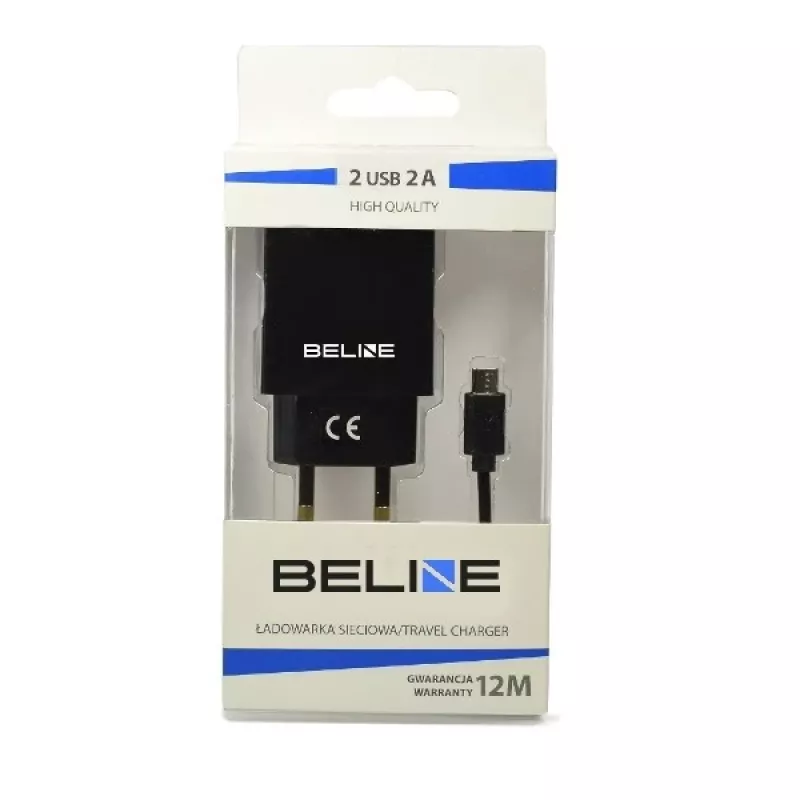 Cargador de viaje Beline Beli0011 — 2 puertos USB, cable microUSB, salida 2A, negro