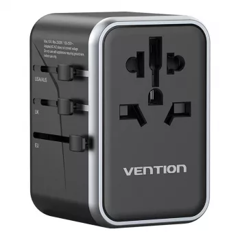 Adaptador de viaje Vention FJFB0 65W — 2× USB-C PD/PPS, 2× USB-A (QC/BC), salida HDMI, aluminio/negro
