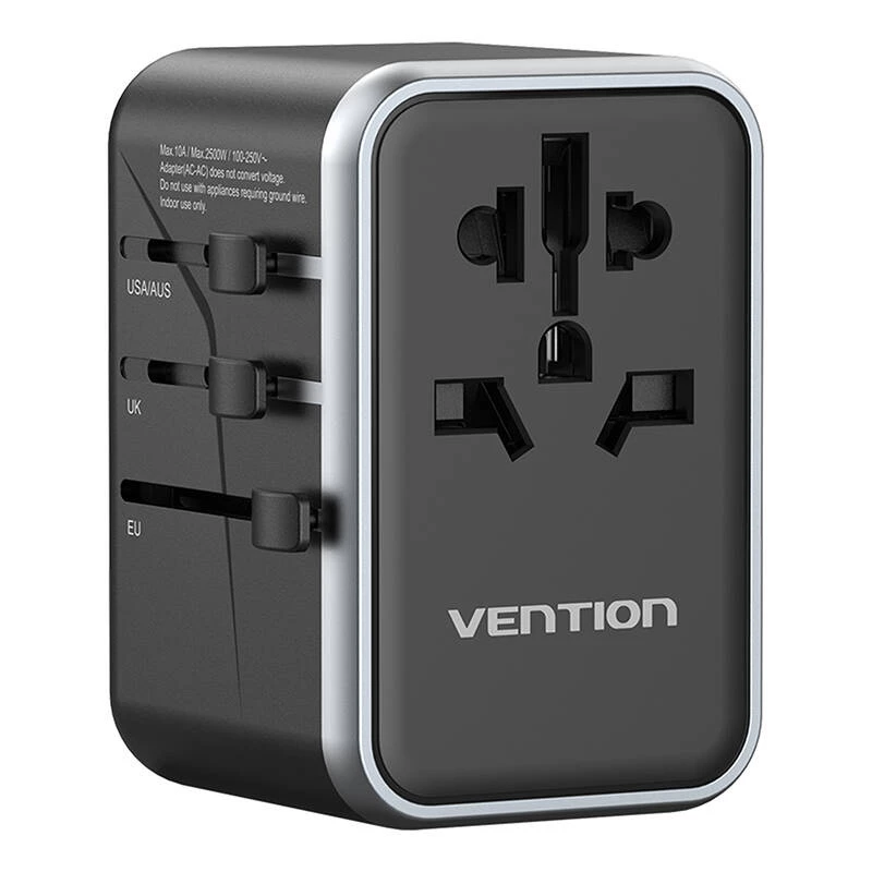 Vention adaptador de viaje y cargador GaN de 65 W, 2x USB-A 2x USB-C, negro