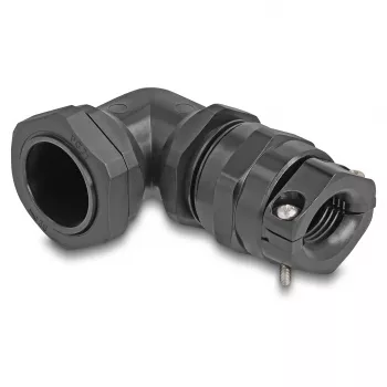 Prensaestopas DeLOCK 90° PG21 negro con alivio de tracción y protección antikinking