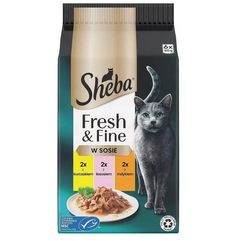 Comida húmeda Sheba Mini Fish Dishes in Sauce Fresh & Fine 6 x 50 g – comida húmeda, 6x50 g sobres, 84 % de humedad, 7,9 % de proteína