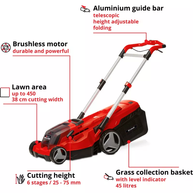 Cortacésped a batería profesional RASARRO 36/38, 36 voltios (2x18 V) (rojo/negro, 2 baterías de litio-ion 4,0 Ah)