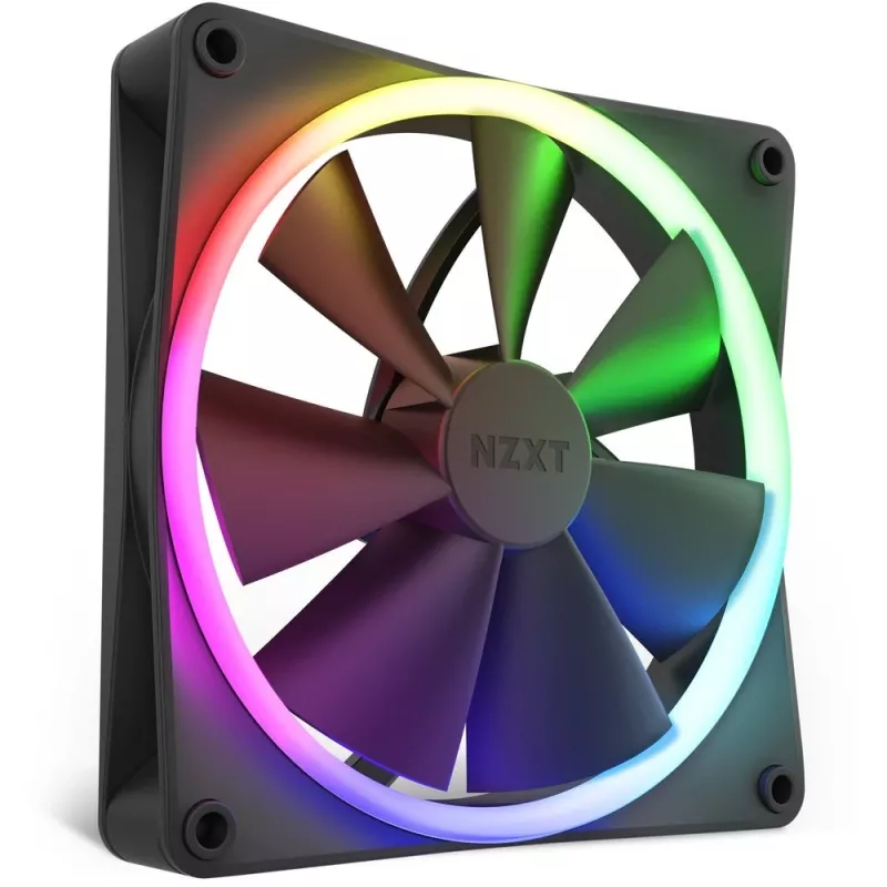 Ventilador de carcasa NZXT F140 RGB 14 cm, negro, 500–1800 rpm, rodamiento hidrodinámico, 4 pines, 18 LED