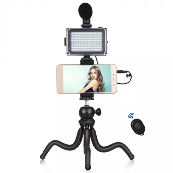 Kit para blogger con trípode flexible, iluminación LED, soporte para teléfono y micrófono