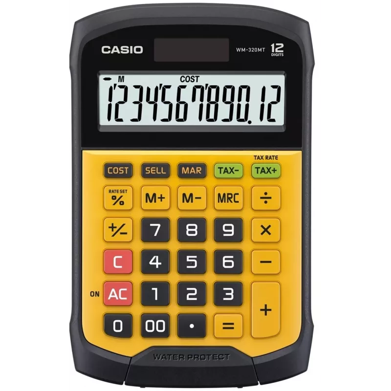 Calculadora de oficina impermeable Casio WM-320MT-S, pantalla de 12 dígitos, teclado extraíble, IP54, solar y pila, 108,5 x 168,5