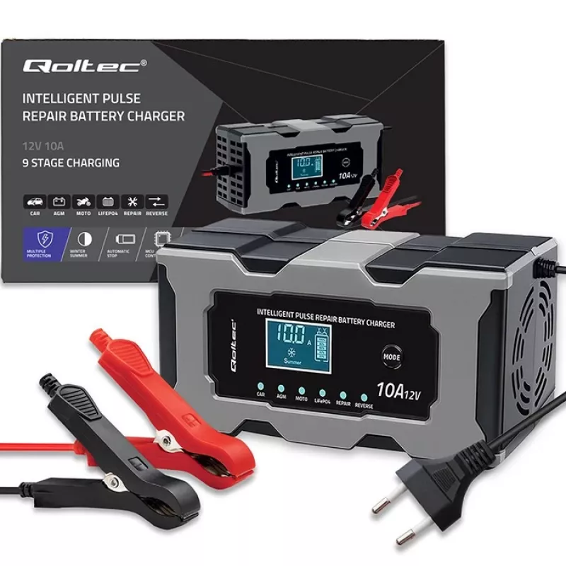 Cargador QOLTEC 52493 12V 10A con función de reparación para baterías AGM