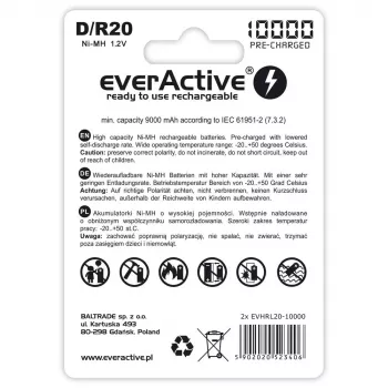 Batería recargable everActive EVHRL20-10000 D NiMH 1,2 V 2 uds.