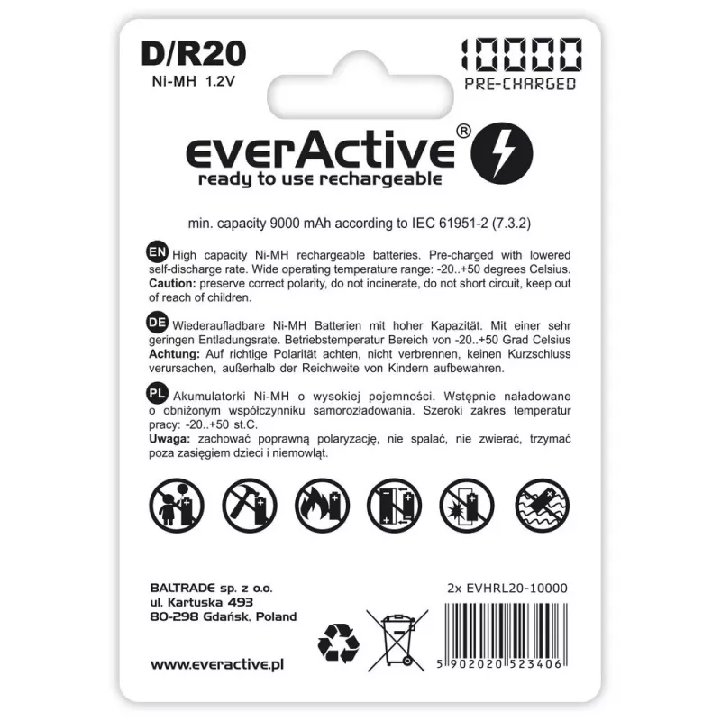 Batería recargable everActive EVHRL20-10000 D NiMH 1,2 V 2 uds.