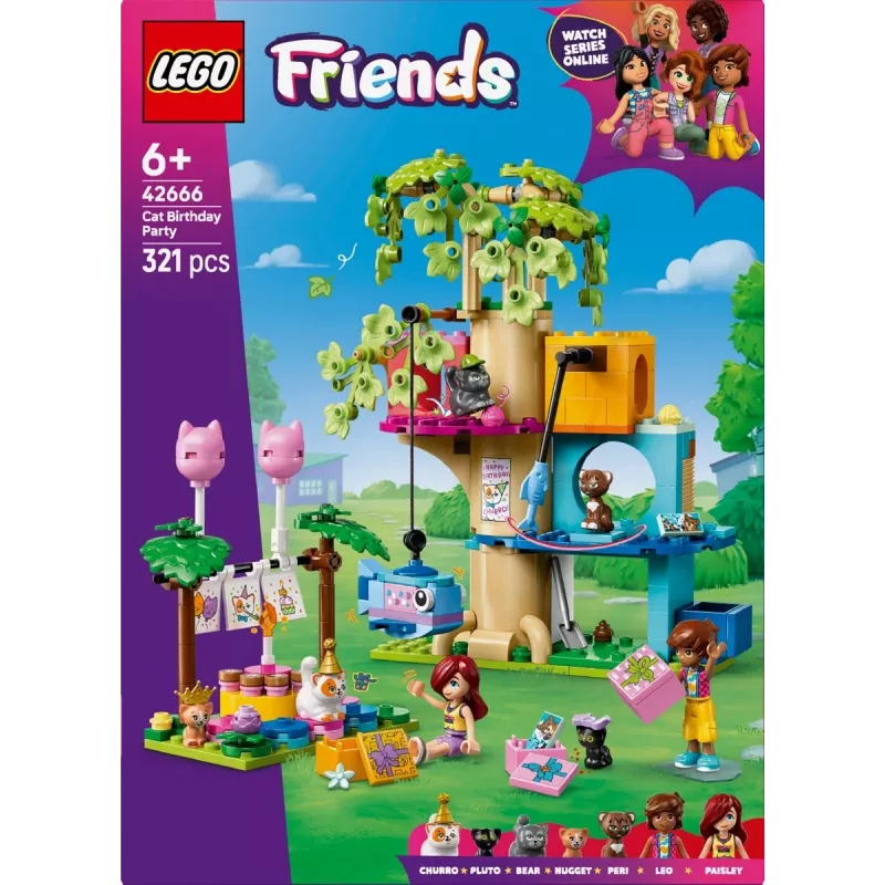 Juguete de construcción LEGO Friends 42666 set de juego casa del árbol fiesta de cumpleaños de gatos, 321 piezas, 6+ años, 180×160×100 mm