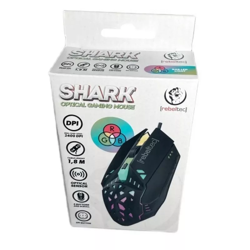 Ratón gaming con cable Rebeltec SHARK — diseño ergonómico, sensor óptico