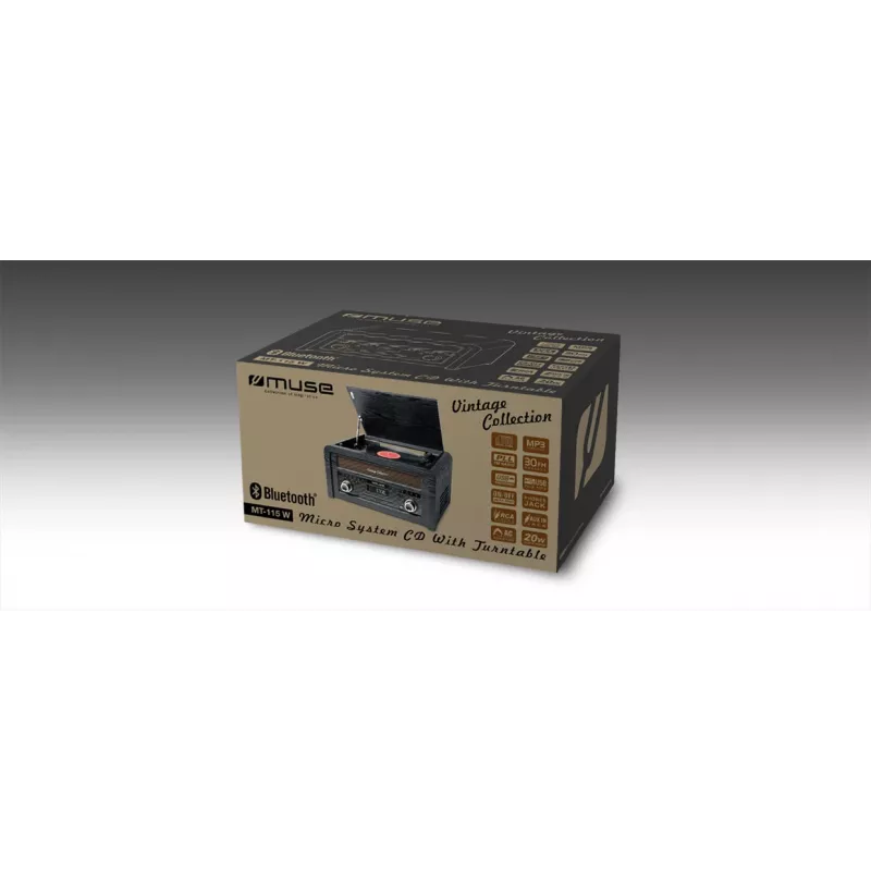 Tocadiscos muse MT-115 W — negro/dorado, 33-45-78 rpm, brazo de lectura en J, control de volumen giratorio, 240V AC