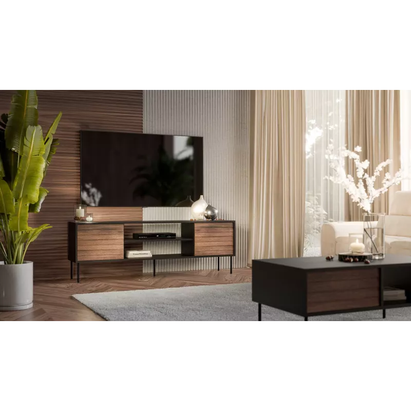 Mueble TV cama meble EF CORTINA 180×40×60 cm, parte superior negra, estructura nogal