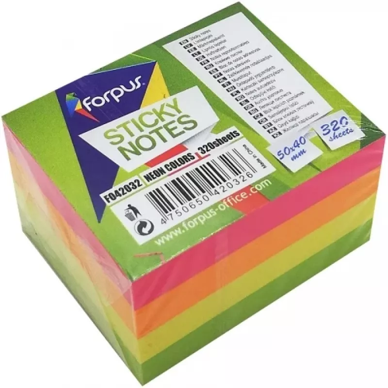 Notas adhesivas Forpus, neón, 50x40 mm, surtidas, cubo (1x320)