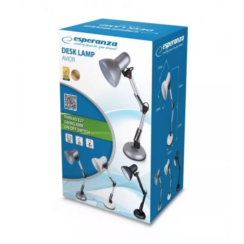 Lámpara de mesa ESPERANZA AVIOR E27 12W LED, negra, regulable en altura, brazo flexible, casquillo E27