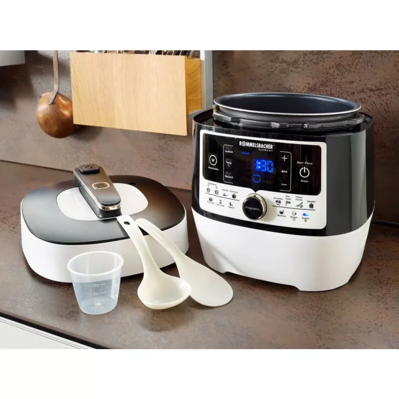 Olla a presión eléctrica Rommelsbacher MD 1000 – 4 l, 1000 W, 14 programas, blanco/negro
