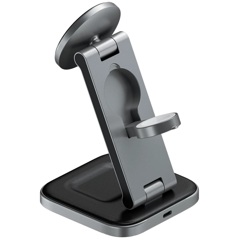 SATECHI estación de carga inalámbrica Qi2 plegable 3 en 1 (gris espacial) con conectores tipo A, C, G