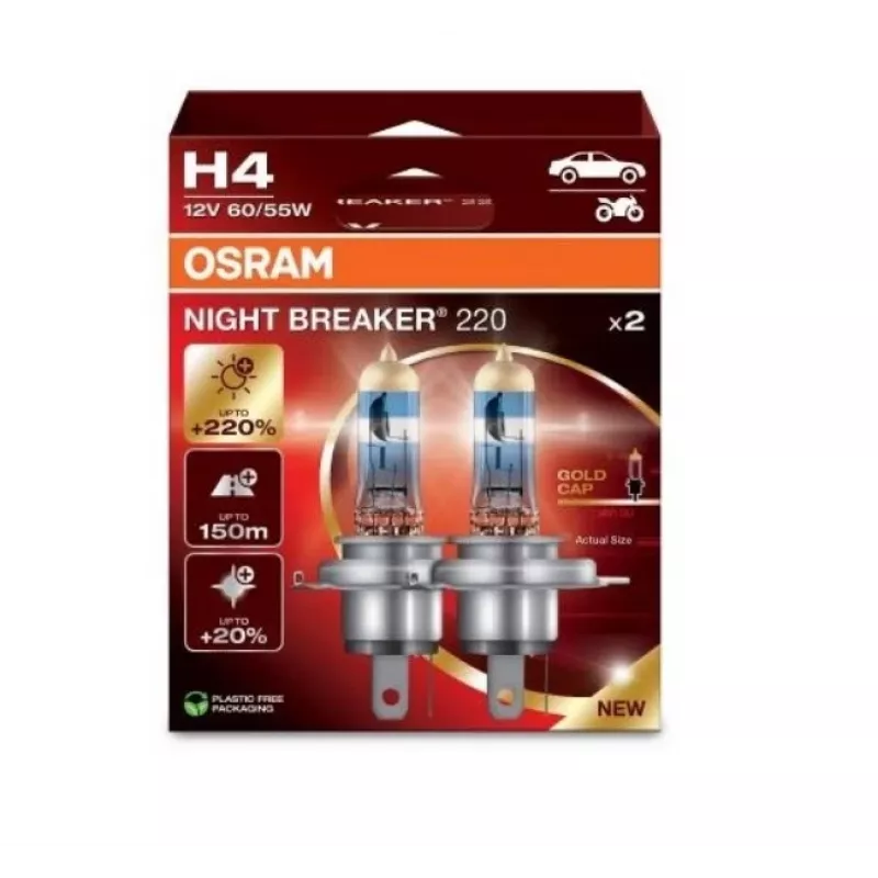 Lámpara halógena para faros Osram NIGHT BREAKER 220 H4 — pack doble, 12V 60/55W