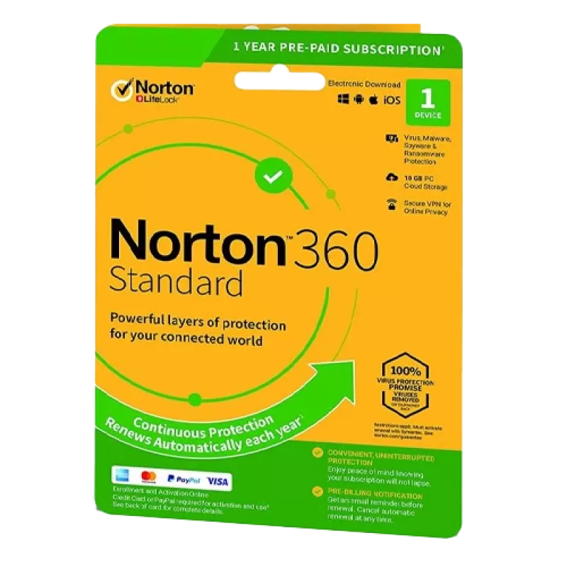 Norton 360 Standard | 1 dispositivo | 1 año | 10 GB de almacenamiento en la nube | EU | NON SUB |