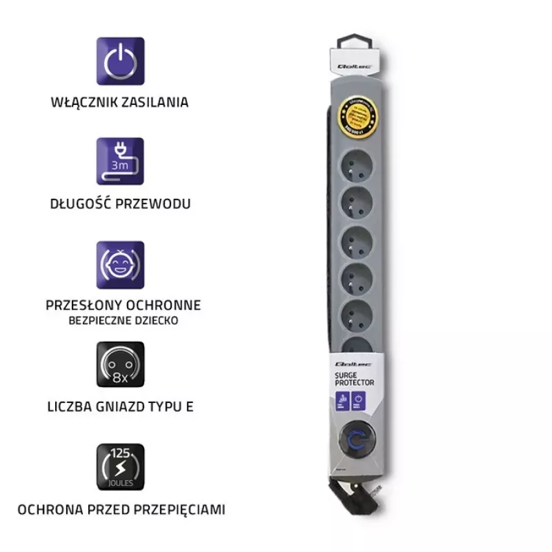 50168 Protector de sobretensión 8 salidas Schuko 230 V 3 m gris - Regleta protectora de sobretensión (8 tomas Schuko, tipo F, 230 V, 50 Hz - Qoltec