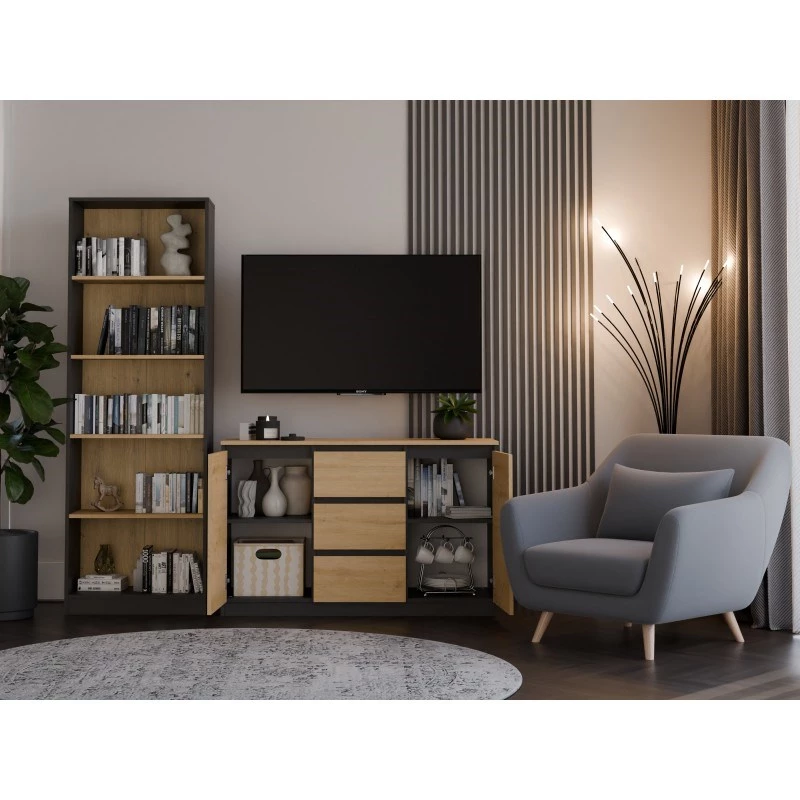 Cómoda Topeshop 2D3S ANT/ART BA KPL — antracita y roble, 3 cajones, estructura de tablero de partículas
