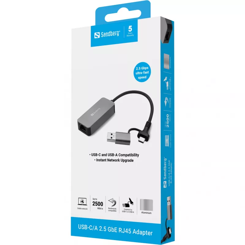 Adaptador USB-C/A SANDBERG 136-68 con puerto Ethernet RJ45 de 2,5 GbE