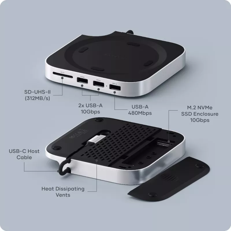 Dock/replicador de puertos para portátil Satechi ST-GNMMES — hub USB 3.2 Gen 2 Type-C con cable, USB-A y SD, plata