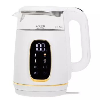 Hervidor de agua Adler AD 1305WG — 1,7 l, 2200 W, vidrio/plástico, blanco/dorado/transparente