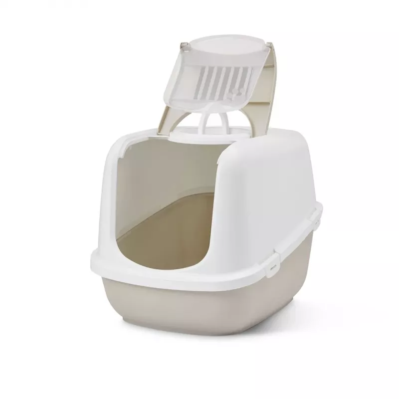 Arenero cubierto para gatos Savic Nestor Jumbo, plástico, 66,5×48,5×46,5 cm, café/blanco